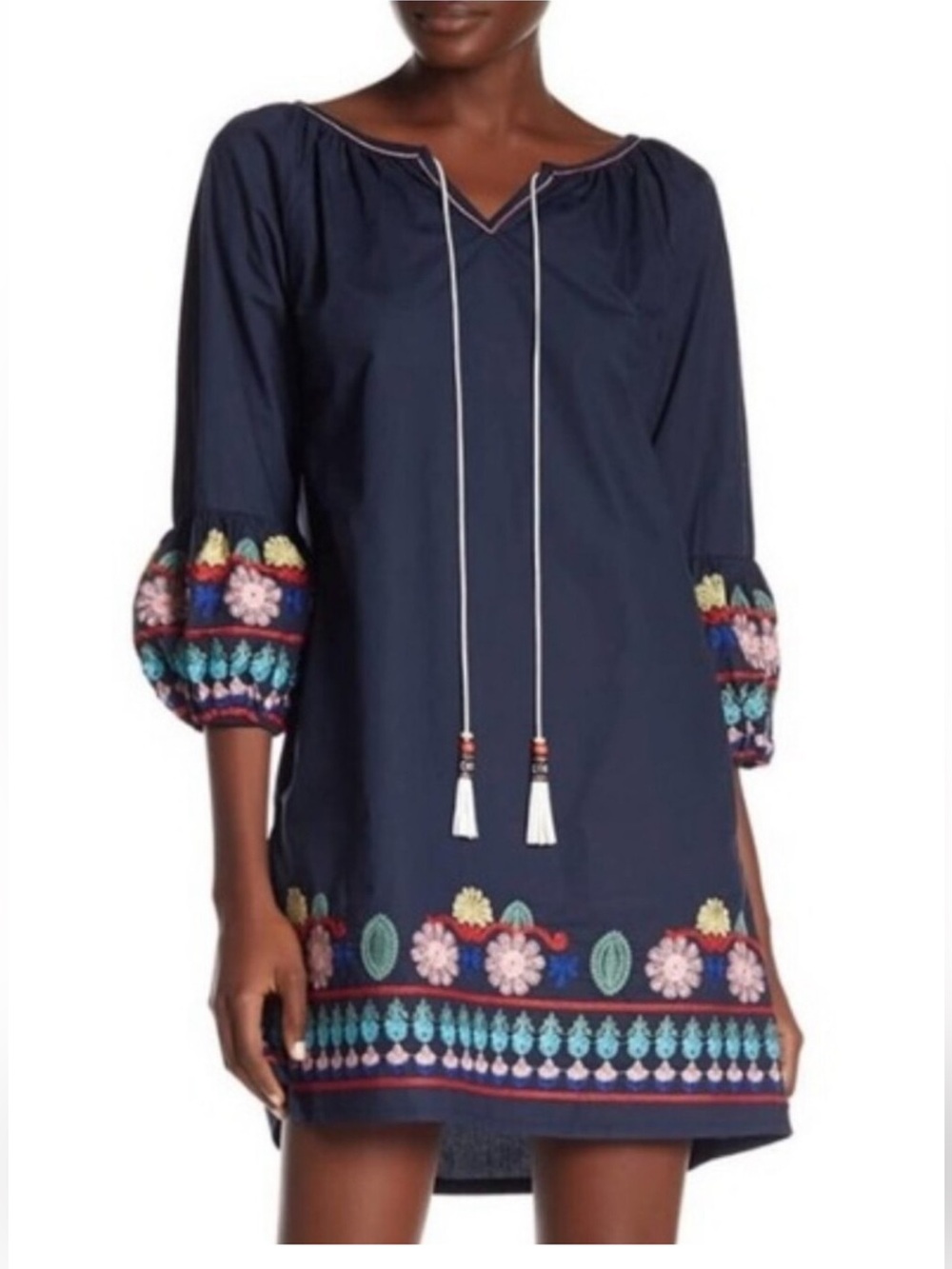 MELLODAY Navy Blue Embroidered Mini Dress with Multicolor Floral Trim